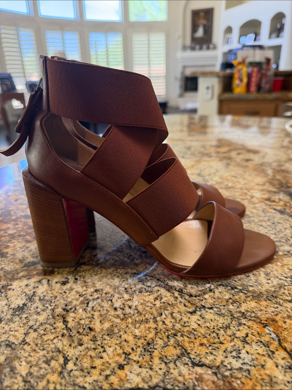 Womens Brown Strappy Elastic Block Heel Sandals